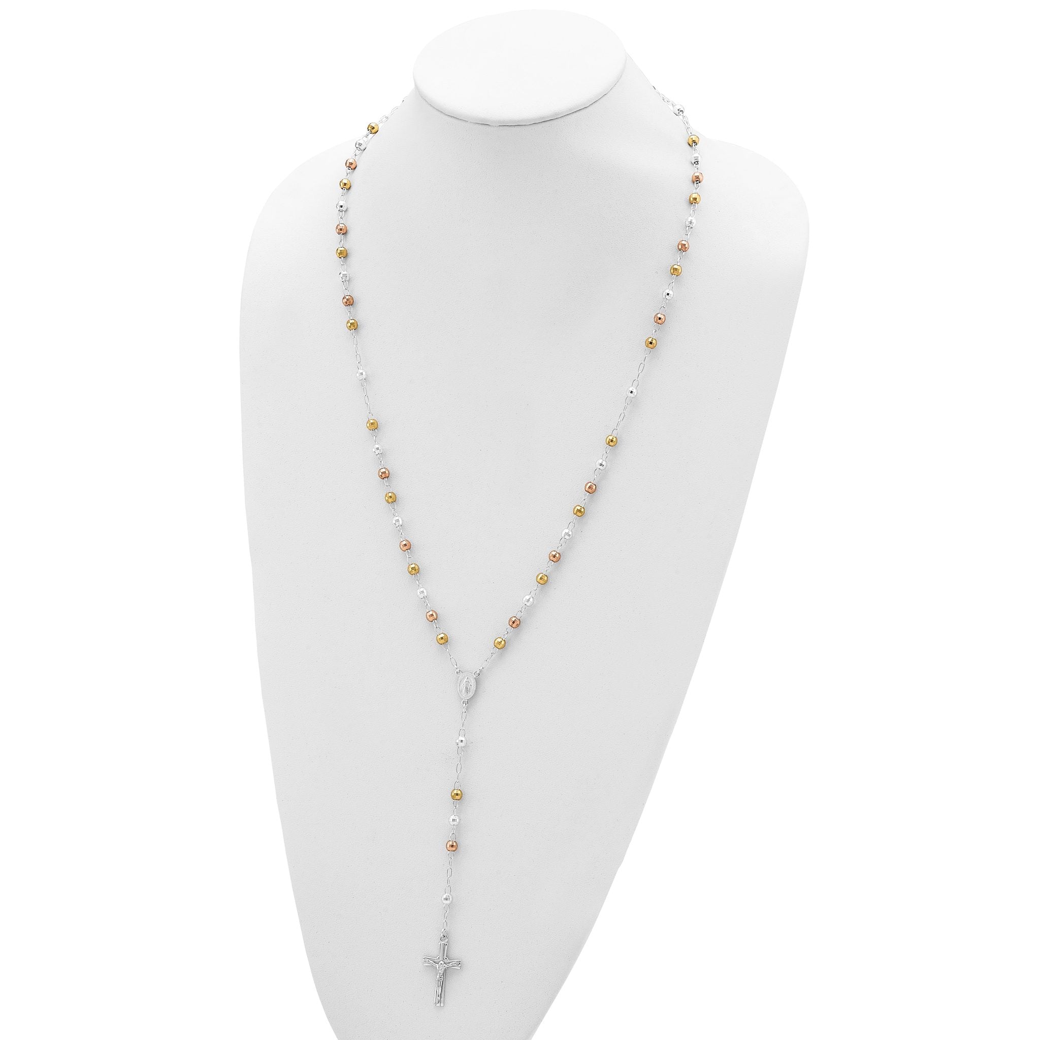 Sterling Silver Tri-color Rosary Necklace with Gold-Plated Polished Beads