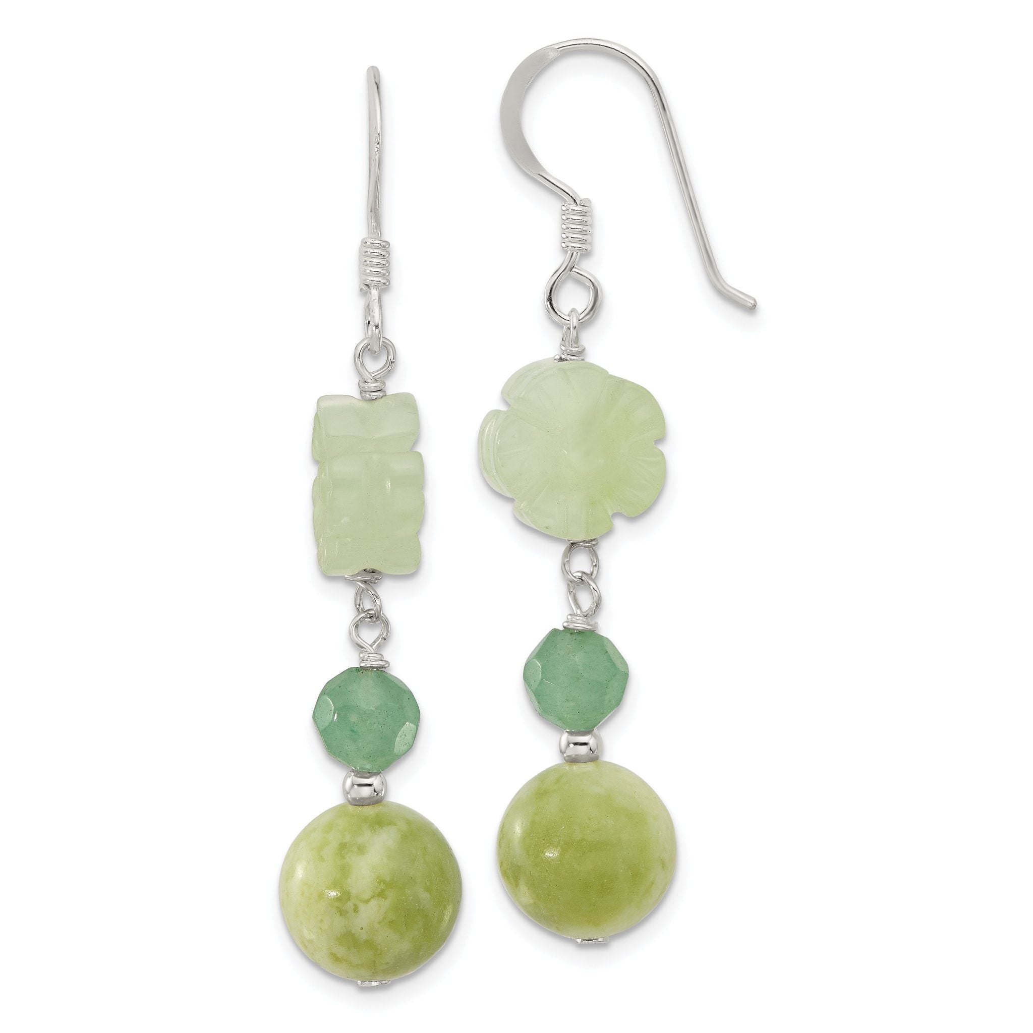 Sterling Silver Polished Aventurine & Jade Flower Dangle Earrings Main image