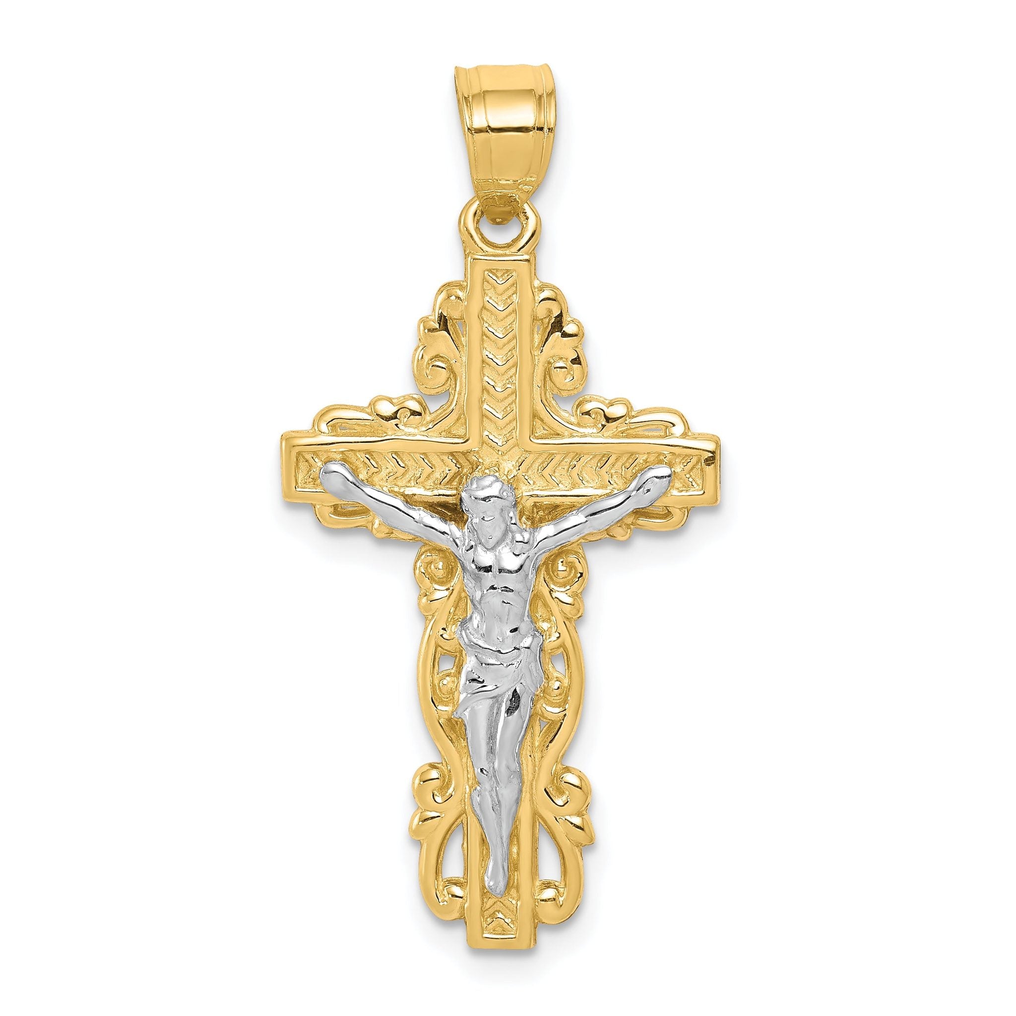 10K Gold Crucifix Pendant with Rhodium Accents, Polished Finish Main image