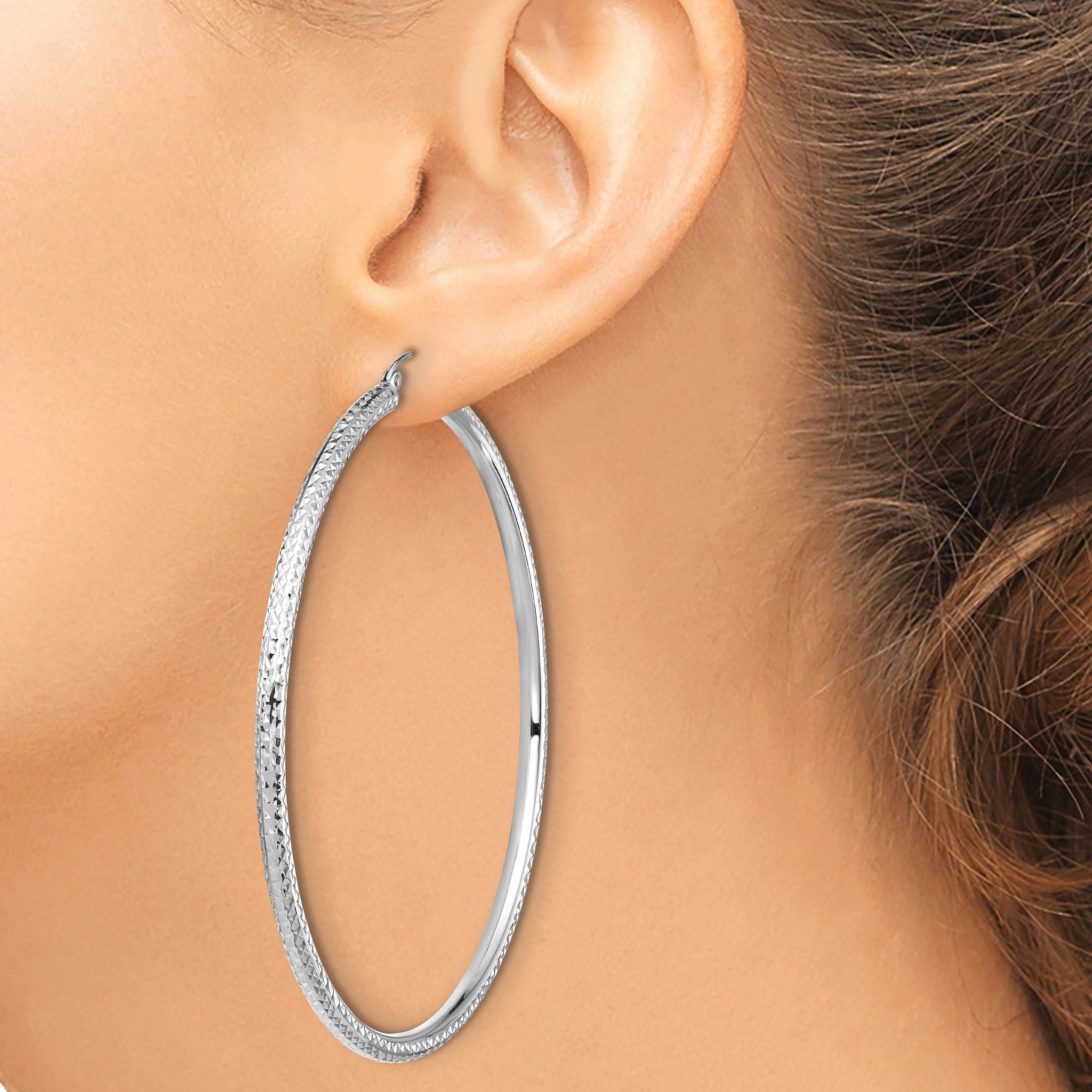 14k White Gold Lightweight 3mm Diamond-cut Hoop Earrings