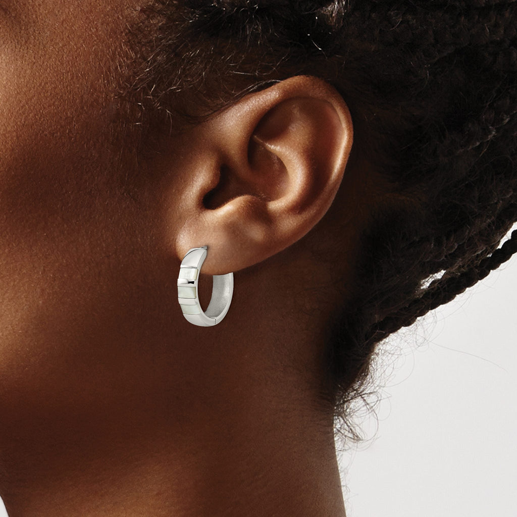 Stainless Steel Polished Pear Hinged Simulated Pearl Huggie Hoop Earrings