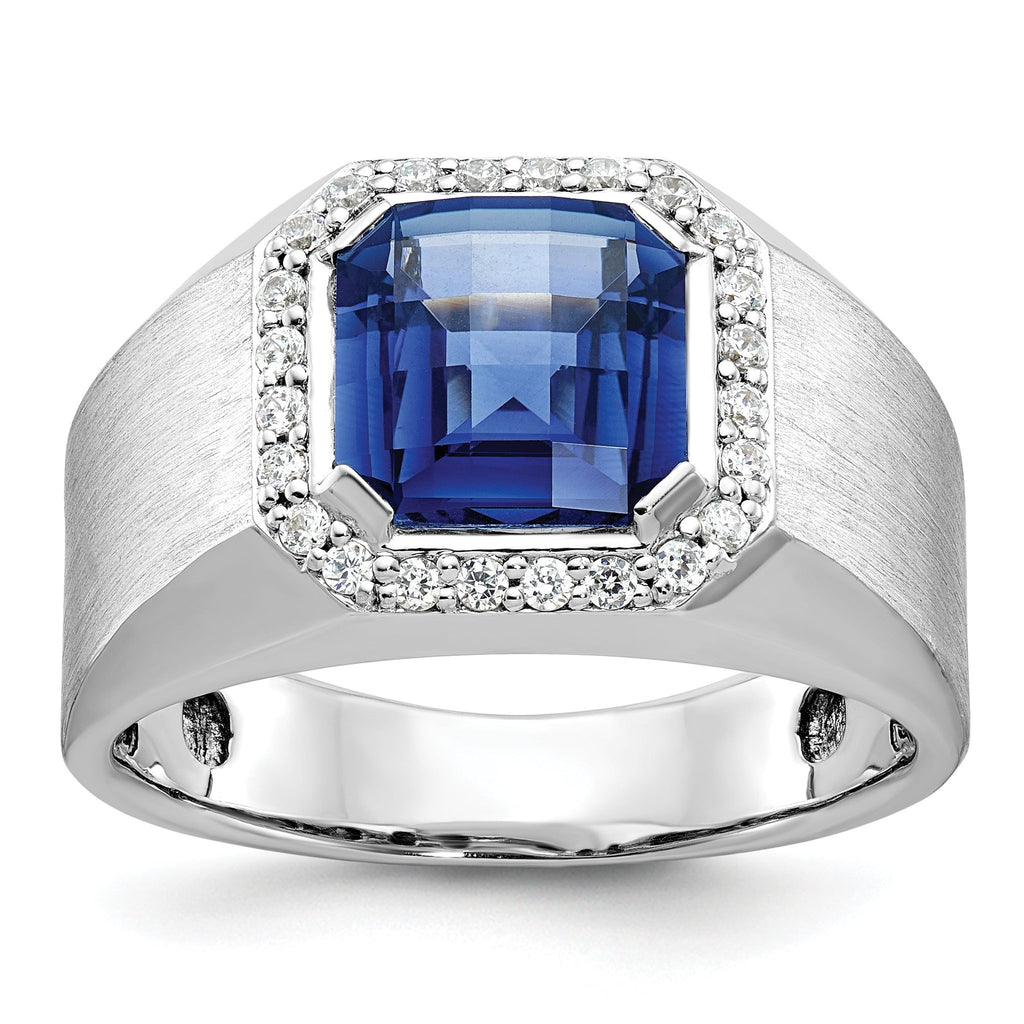 14k White Gold Mens Lab Created Sapphire and 1/3 carat Diamond Complete Ring