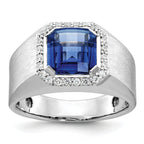 14k White Gold Mens Lab Created Sapphire and 1/3 carat Diamond Complete Ring