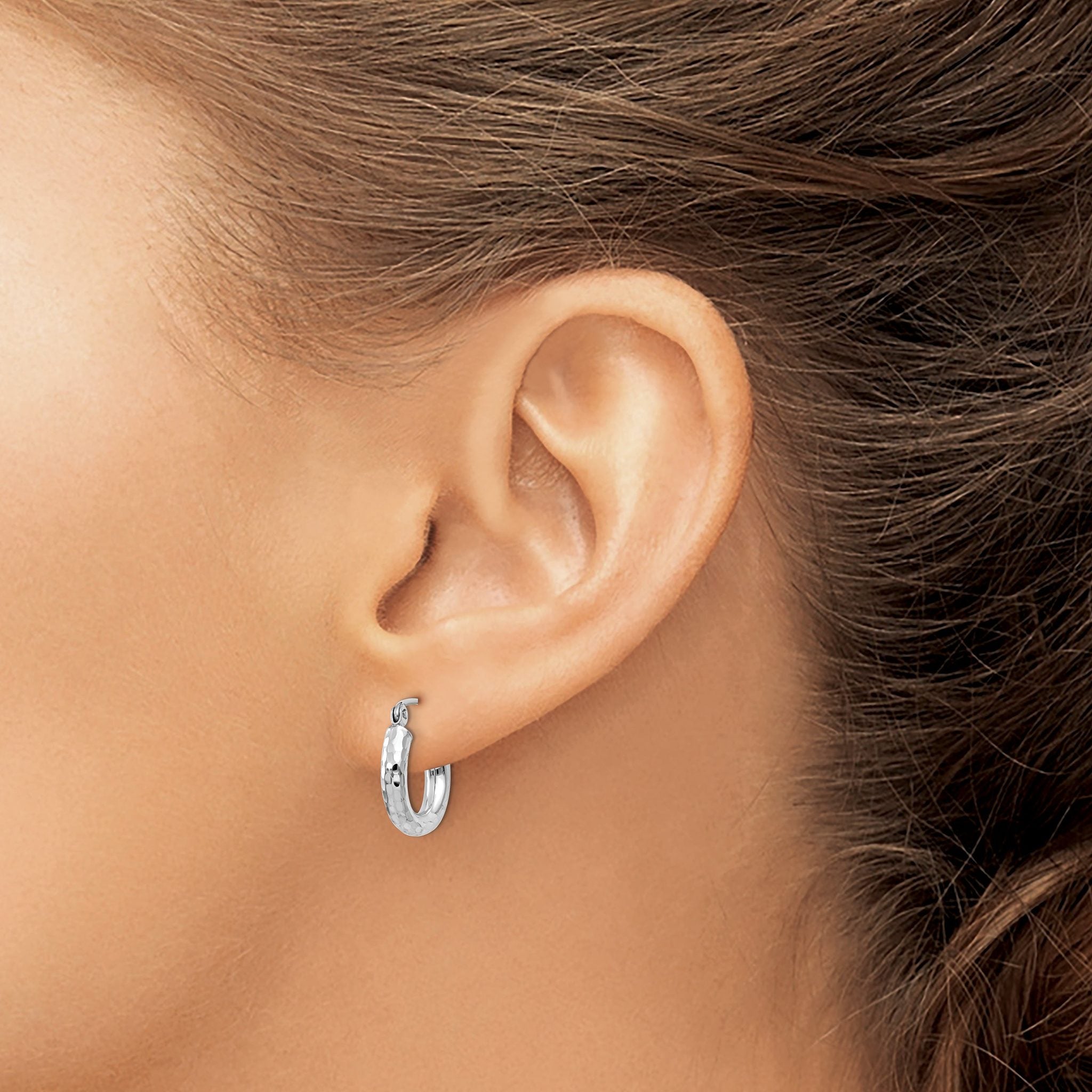 10k White Gold Diamond-cut 3mm Round Hoop Earrings