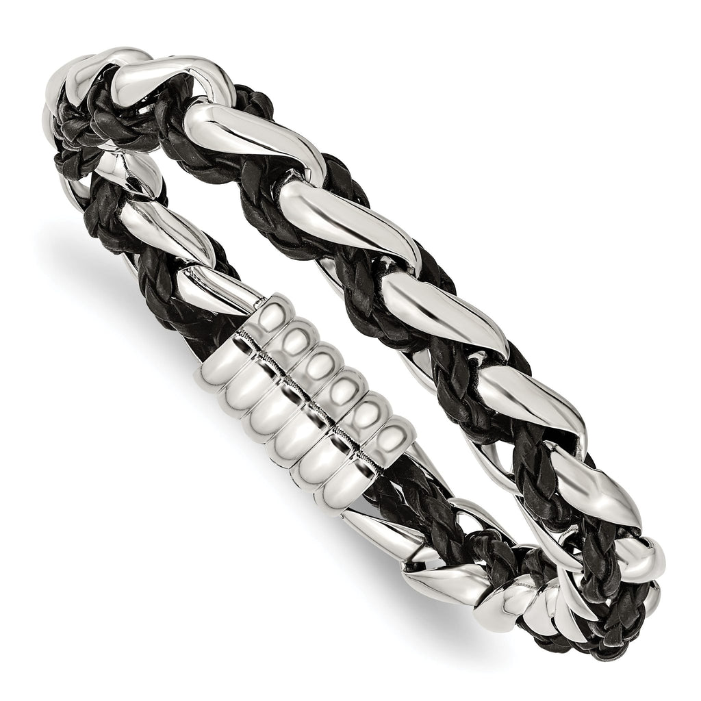 Stainless Steel Polished Braided Black Leather Bracelet for Men