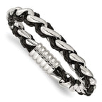 Stainless Steel Polished Braided Black Leather Bracelet for Men