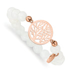 Stainless Steel Polished Rose IP-plated Tree of Life 8mm White Jade Beaded Stretch Bracelet for Women