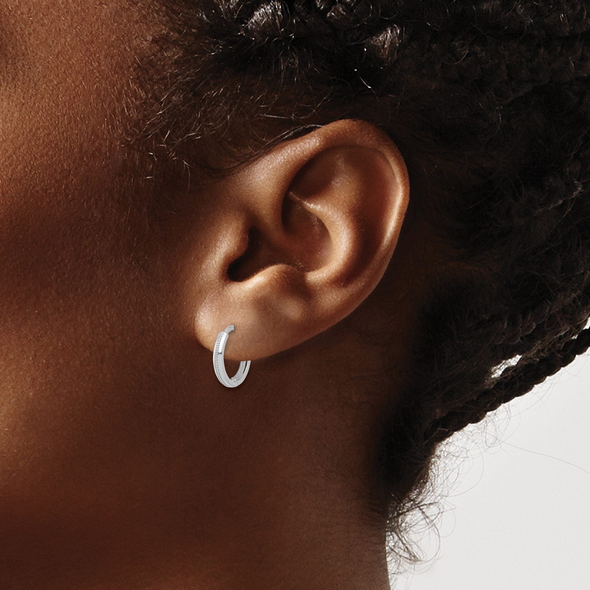14K White Gold Polished and Textured Huggie Hoop Earrings