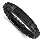 Braided Black Leather Bracelet in Stainless Steel