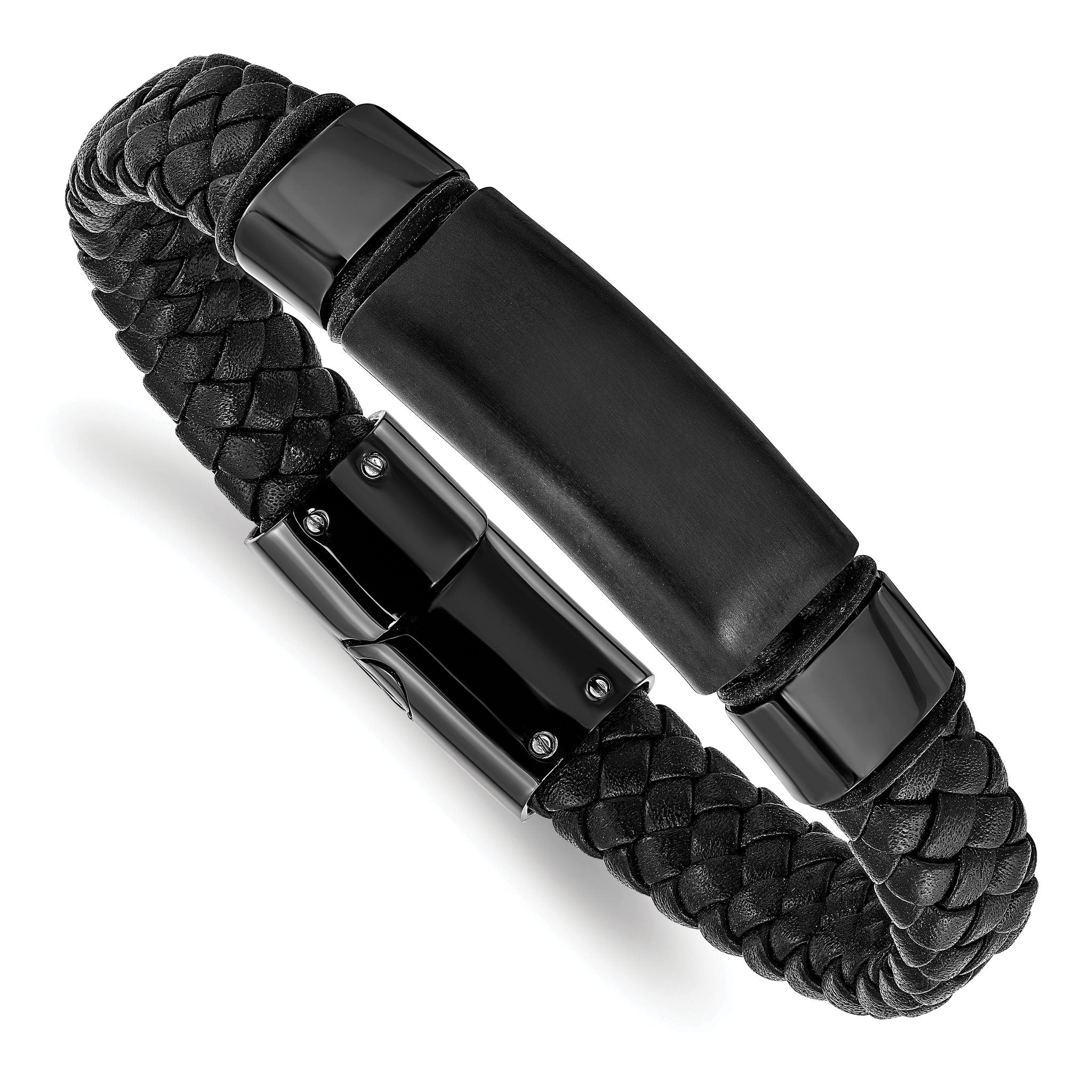Braided Black Leather Bracelet in Stainless Steel