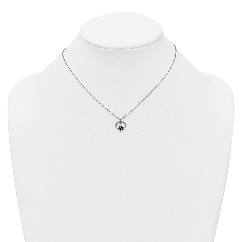 Sterling Silver Rhodium-plated Heart with Black Enameled Paw Print 16 inch with 1.5 inch Extension Necklace