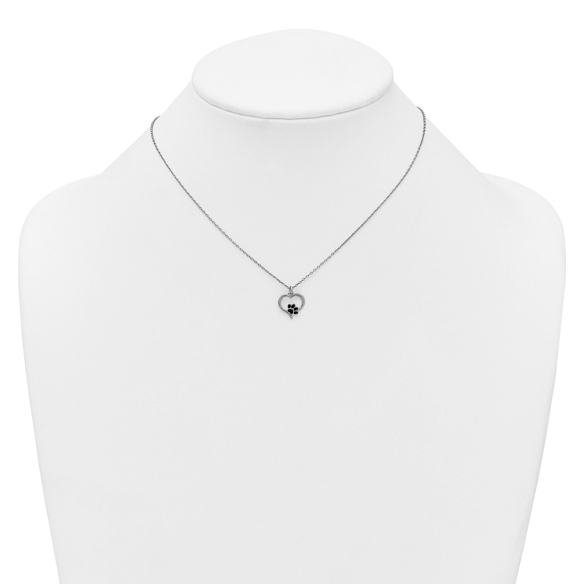 Sterling Silver Rhodium-plated Heart with Black Enameled Paw Print 16 inch with 1.5 inch Extension Necklace
