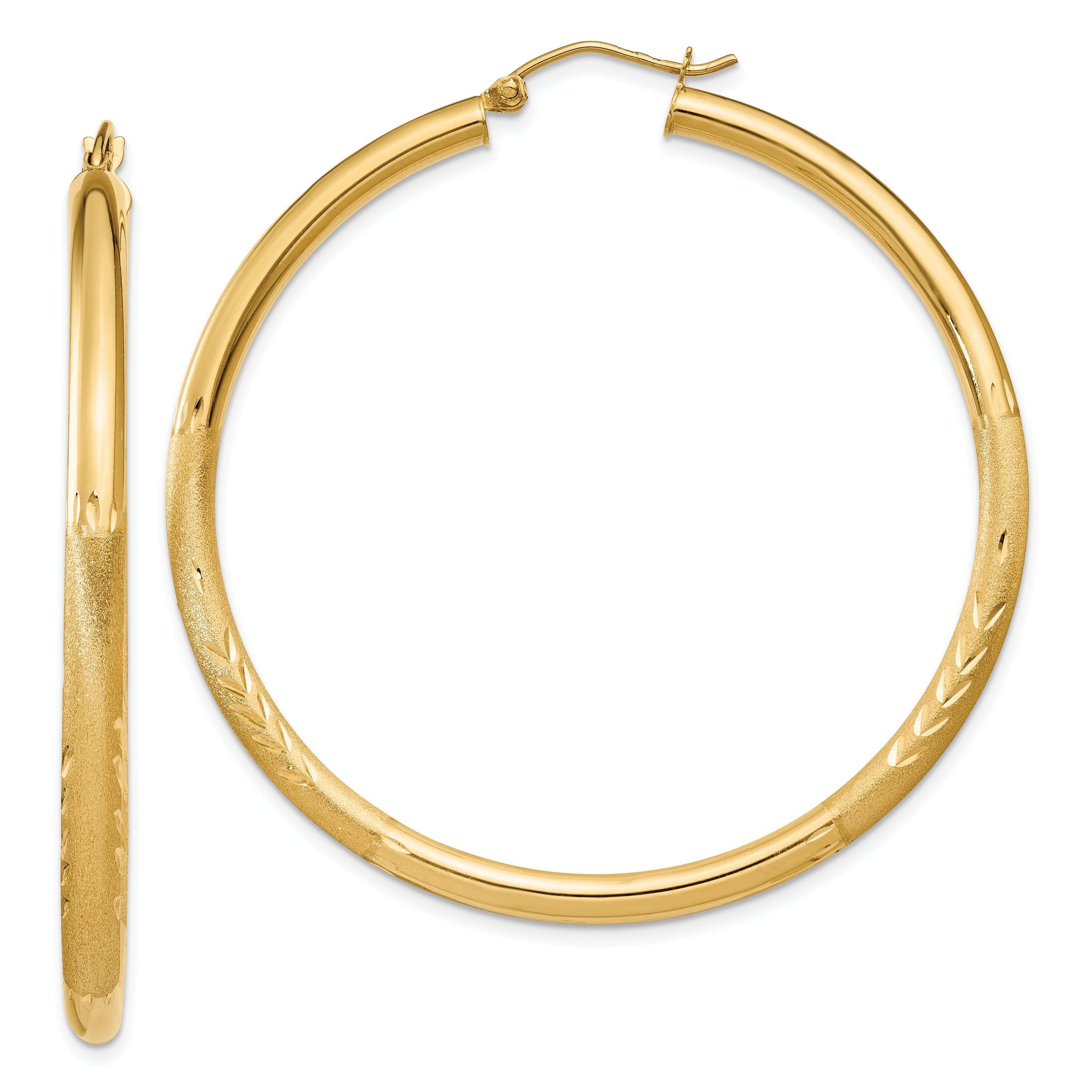 10k Satin & Diamond-cut 3mm Round Hoop Earrings Main image
