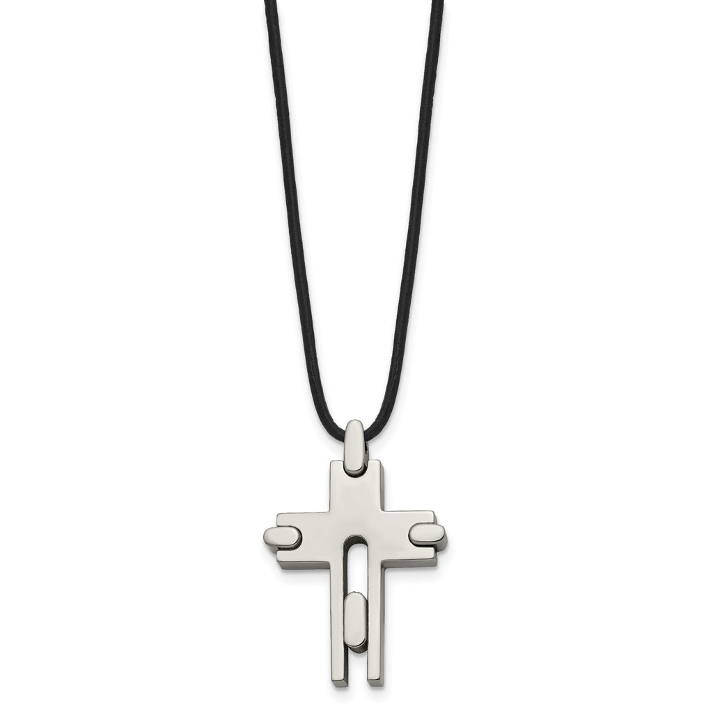 Titanium Men's Polished Cross Leather Necklace Gift Ready 18 Inch
