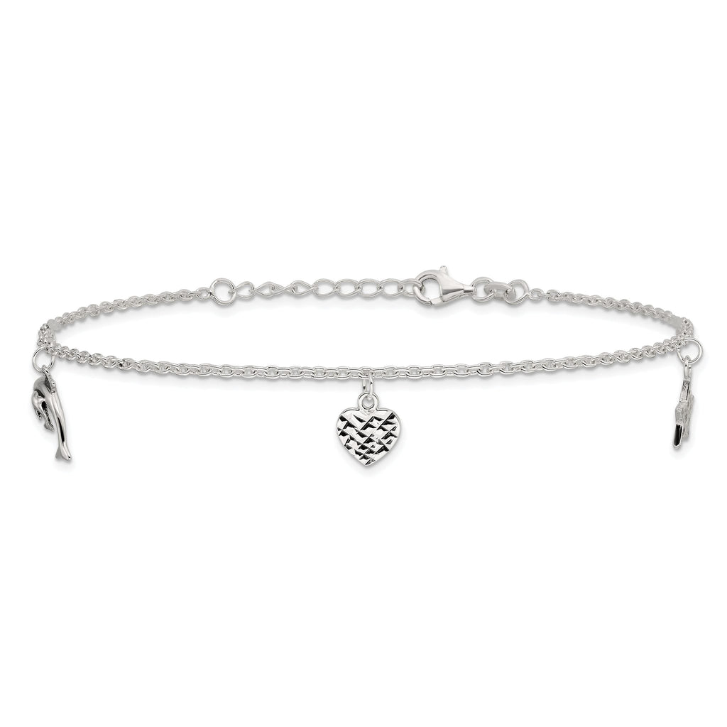 Sterling Silver Heart/Star/Dolphin Charms 9 inch Plus 1 inch Extender - Total 10 inch Anklet