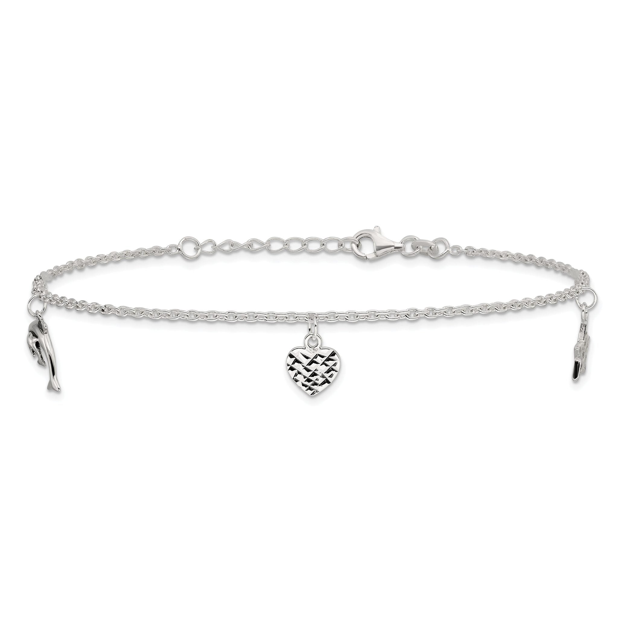 Sterling Silver Heart/Star/Dolphin Charms 9 inch Plus 1 inch Extender - Total 10 inch Anklet