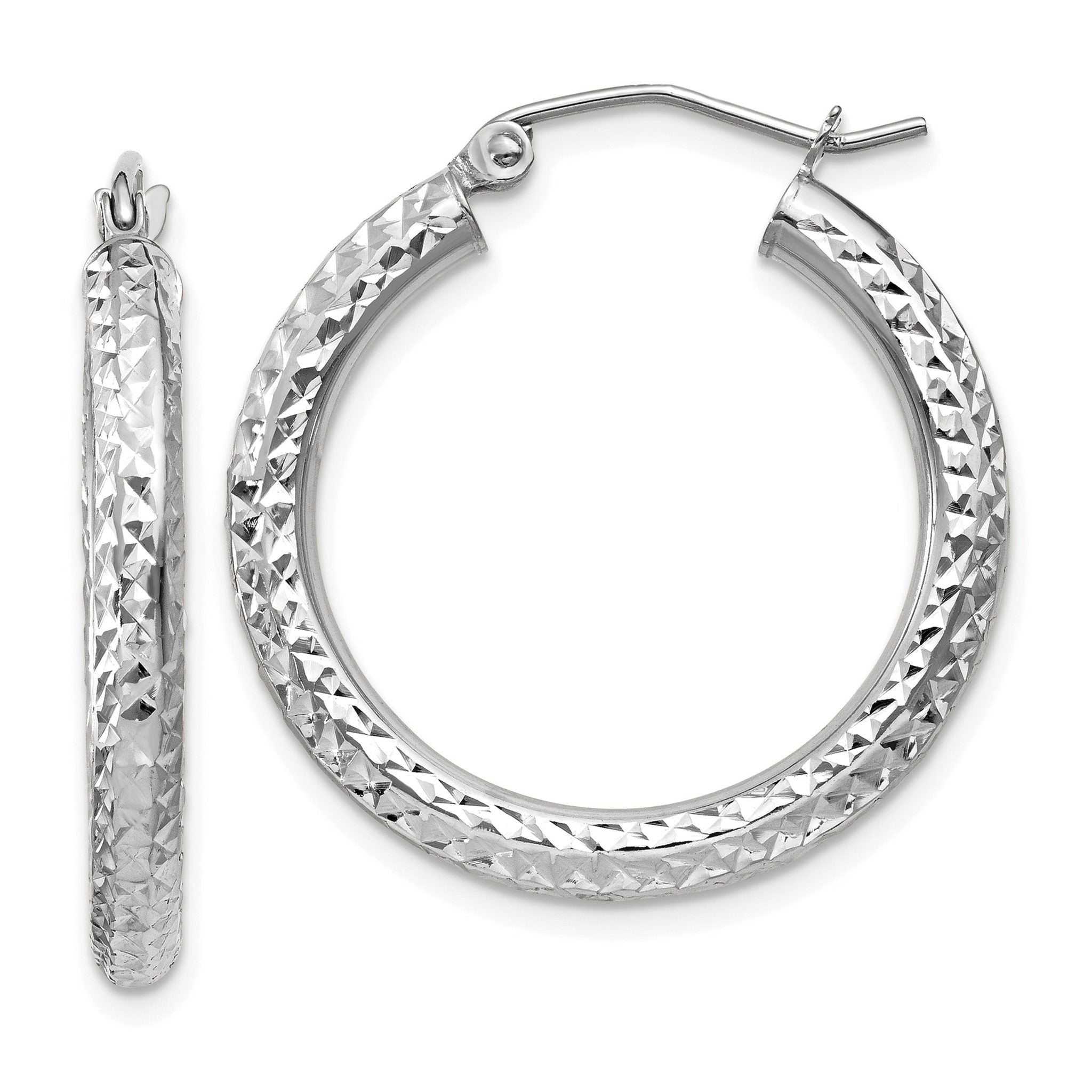10k White Gold Diamond-cut 3mm Round Hoop Earrings Main image