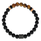Stainless Steel Brushed Black IP-plated 8mm Black Agate and Tiger's Eye Beaded Stretch Bracelet