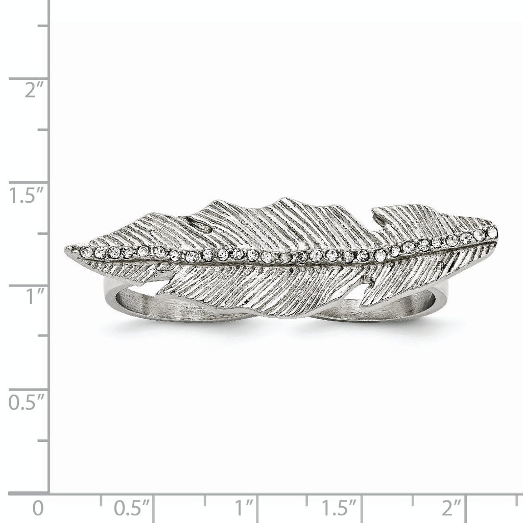 StainleSterling Silver Steel Polished&Antiqued Leaf Two Finger Crystal Ring