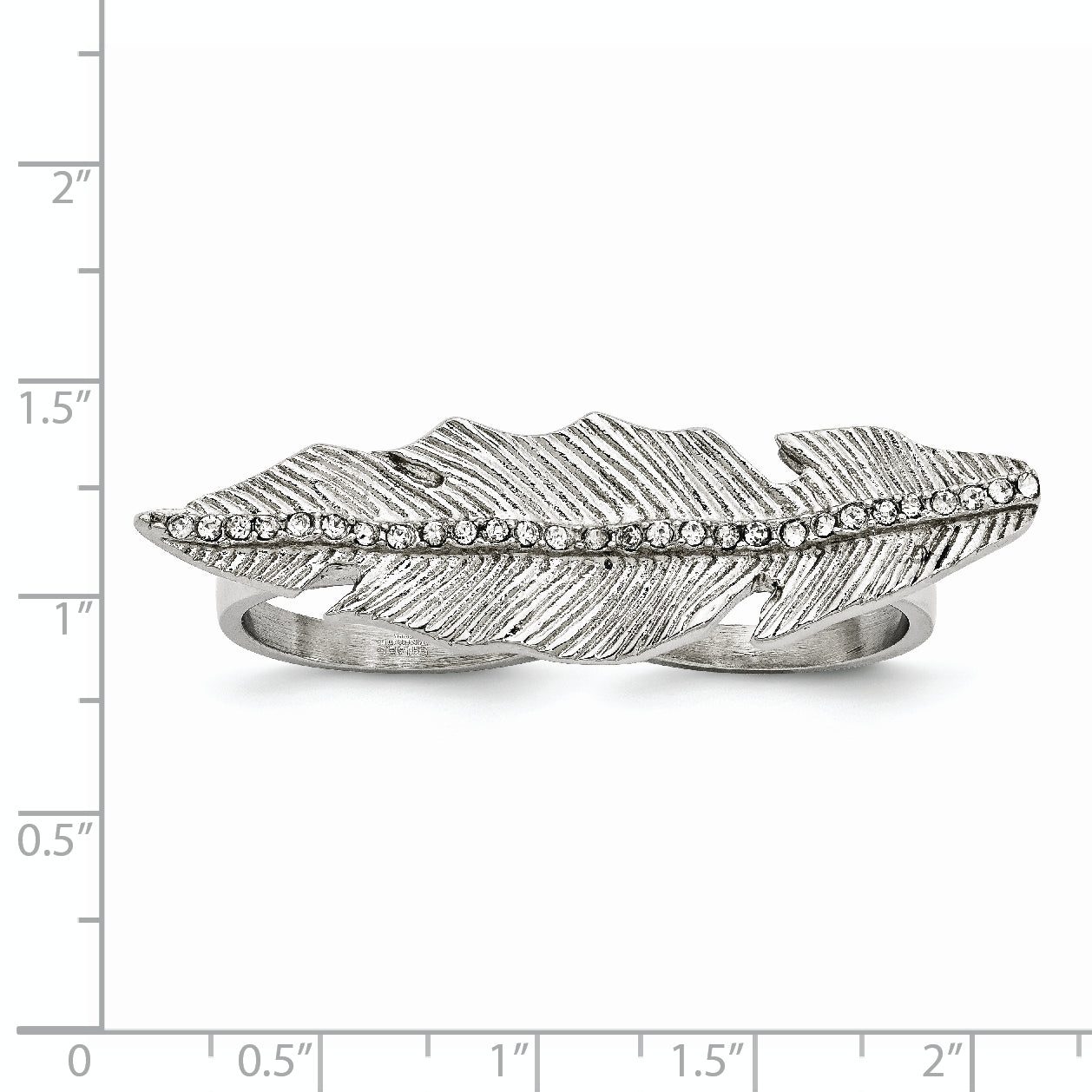 StainleSterling Silver Steel Polished&Antiqued Leaf Two Finger Crystal Ring
