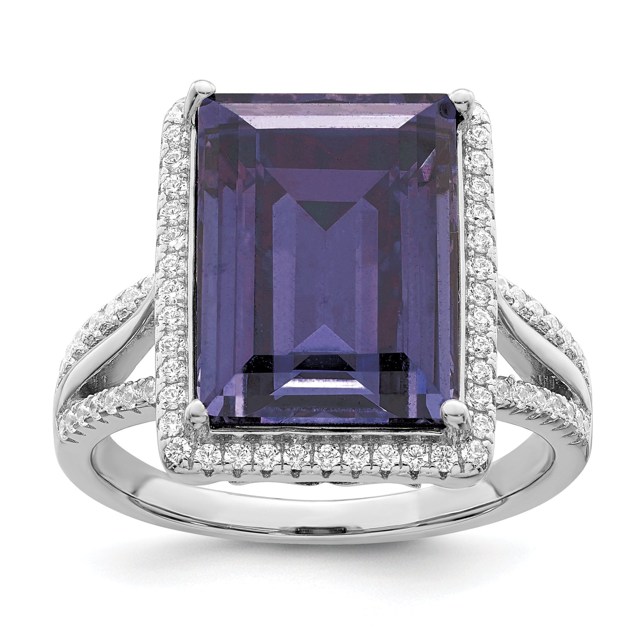 Sterling Silver Rhodium-plated Polished CZ & Blue Crystal Ring Main image