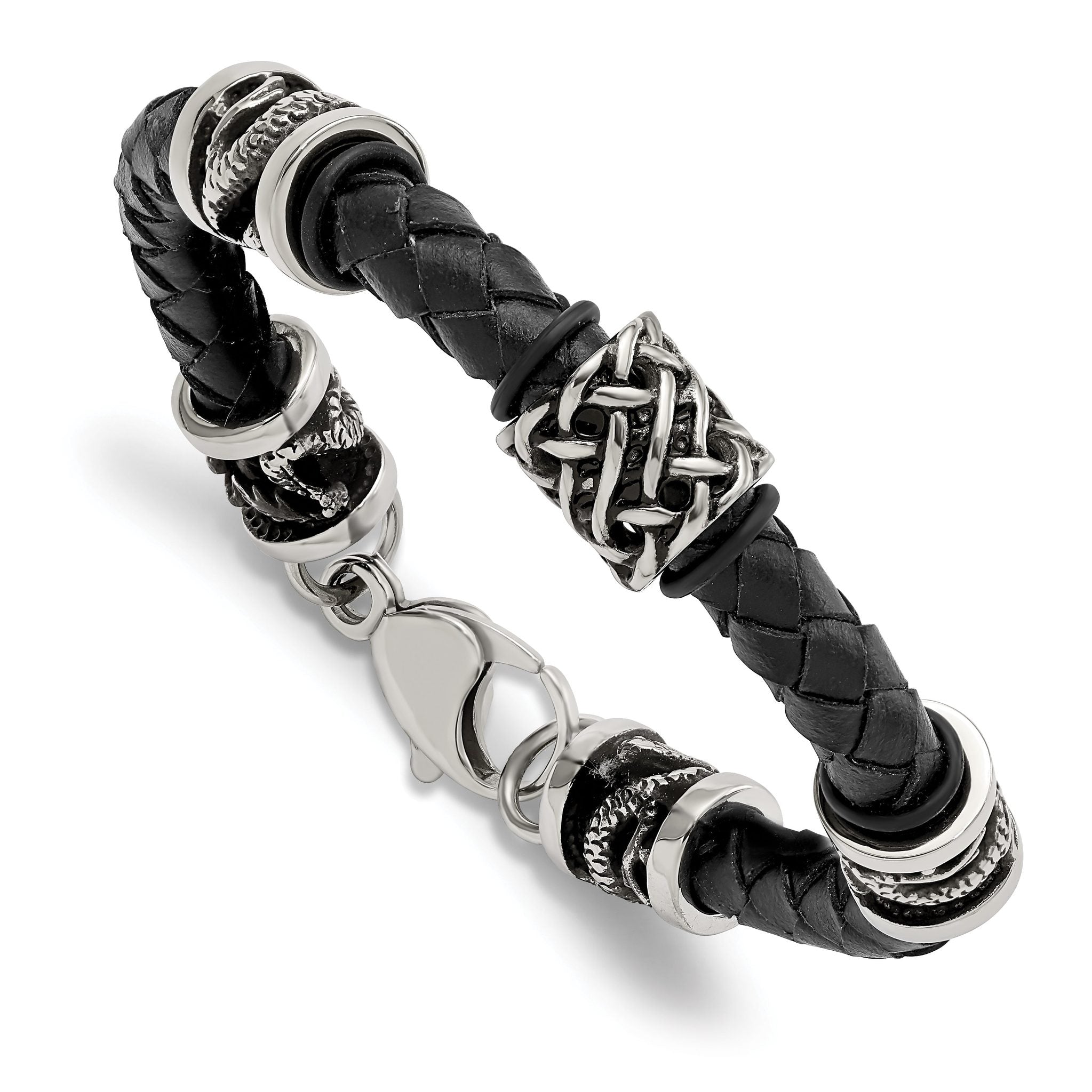 Stainless Steel Antiqued and Polished Dragon Black Braided Leather Bracelet for Men Main image
