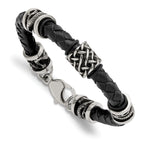 Stainless Steel Antiqued and Polished Dragon Black Braided Leather Bracelet for Men