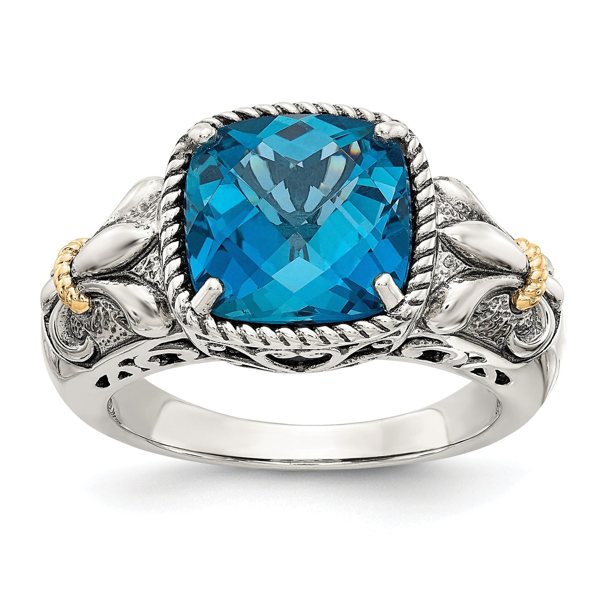 Shey Couture Sterling Silver with 14K Accent Antiqued Checkerboard Cushion London Blue Topaz Ring Main image