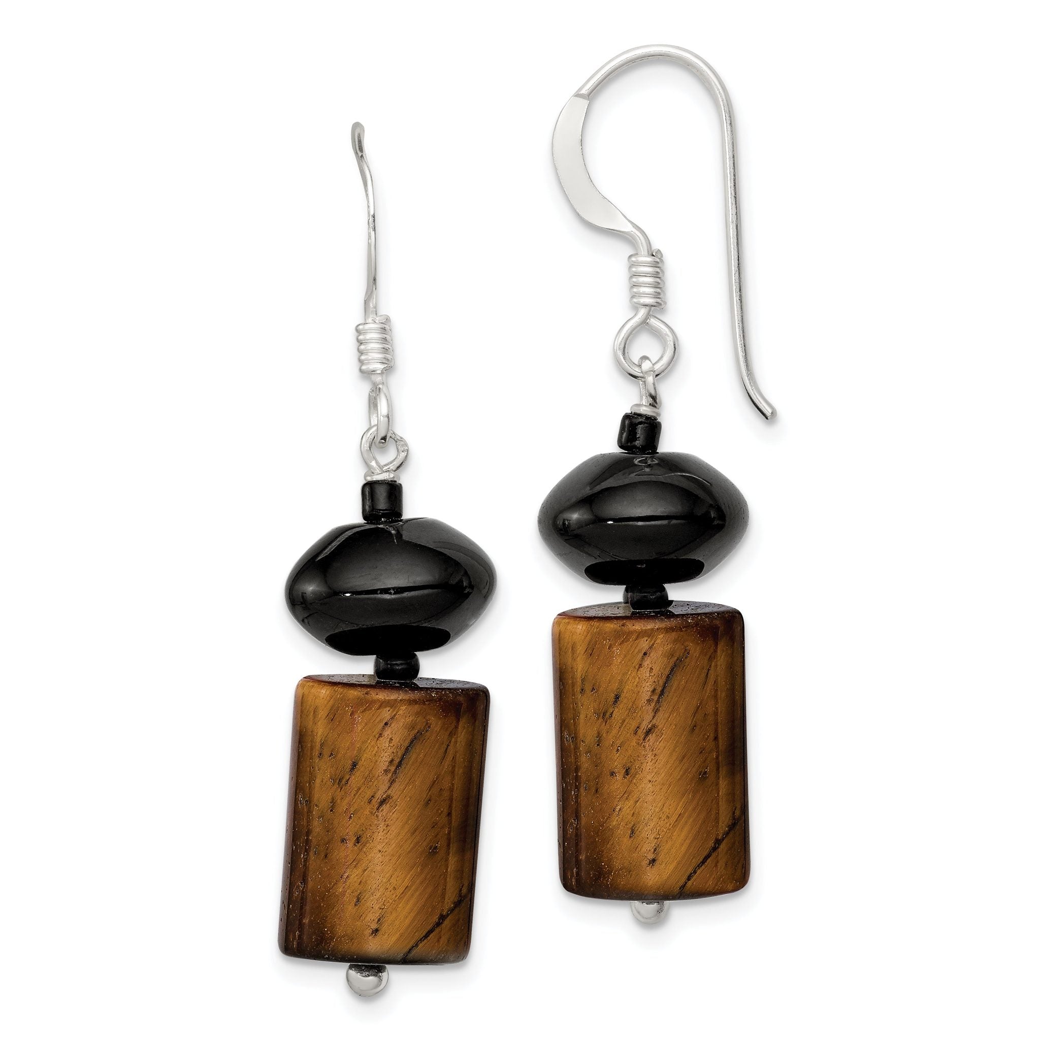 Sterling Silver Black Agate / Black Glass Bead / Tiger's Eye Dangle Earring Main image