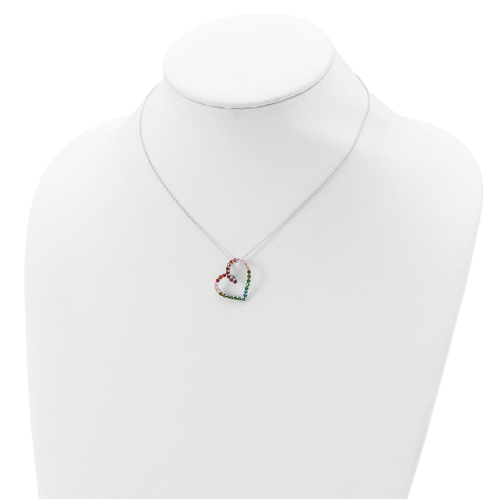 Prizma Sterling Silver Rhodium-plated 18 inch with 1 inch extender Fancy Lobster Clasp Colorful CZ Open Heart Necklace
