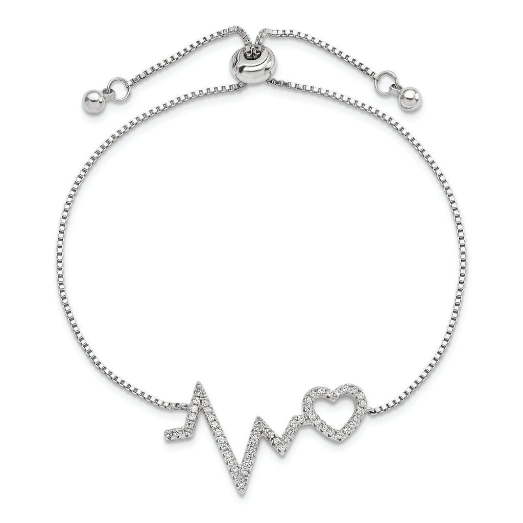 Sterling Silver Polished Rhodium Micro PavÃ¢Â€Âš CZ Heartbeat Adj. Bracelet