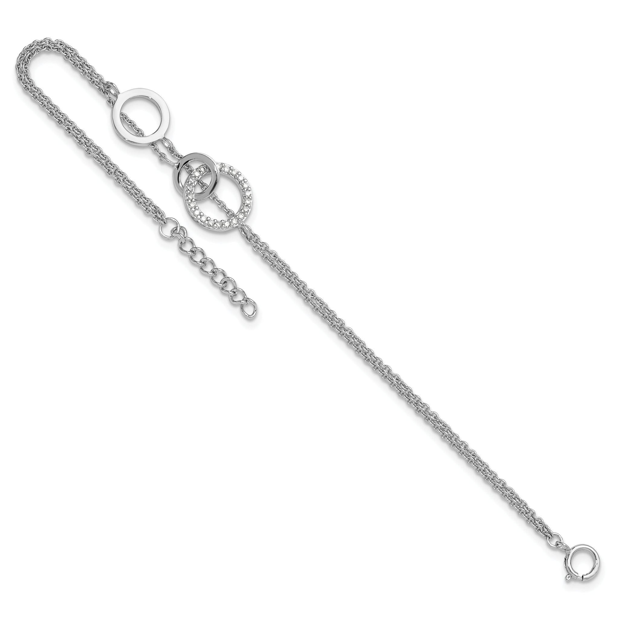 Sterling Silver RH-plated CZ Double Strand Circles w/1.25in Ext Bracelet