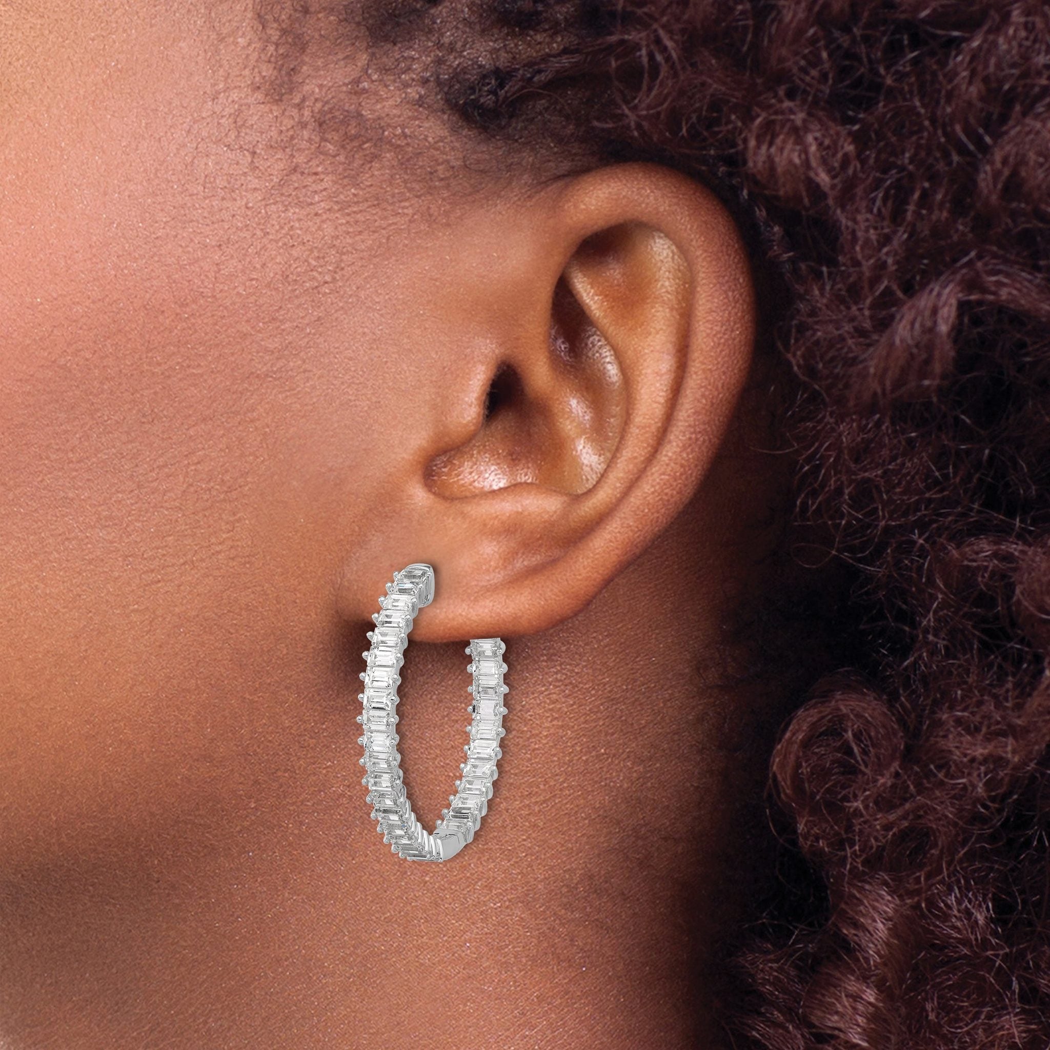 Sterling Shimmer Sterling Silver Rhodium-plated 3mm x 2mm CZ 64 Stone In and Out Hinged Hoop Earrings