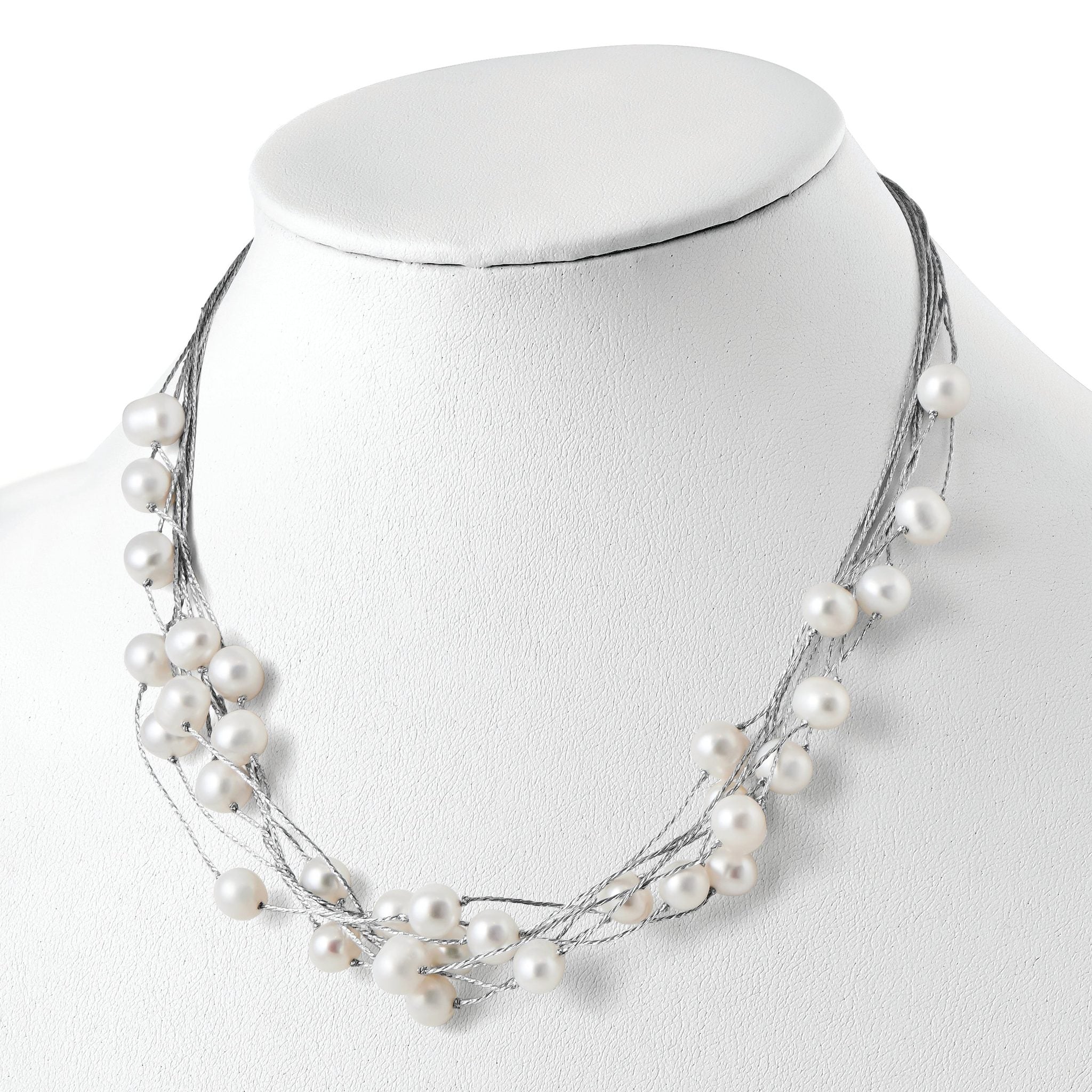 Sterling Silver 925 Multi-Strand White Pearl Necklace, Elegant Women's Jewelry