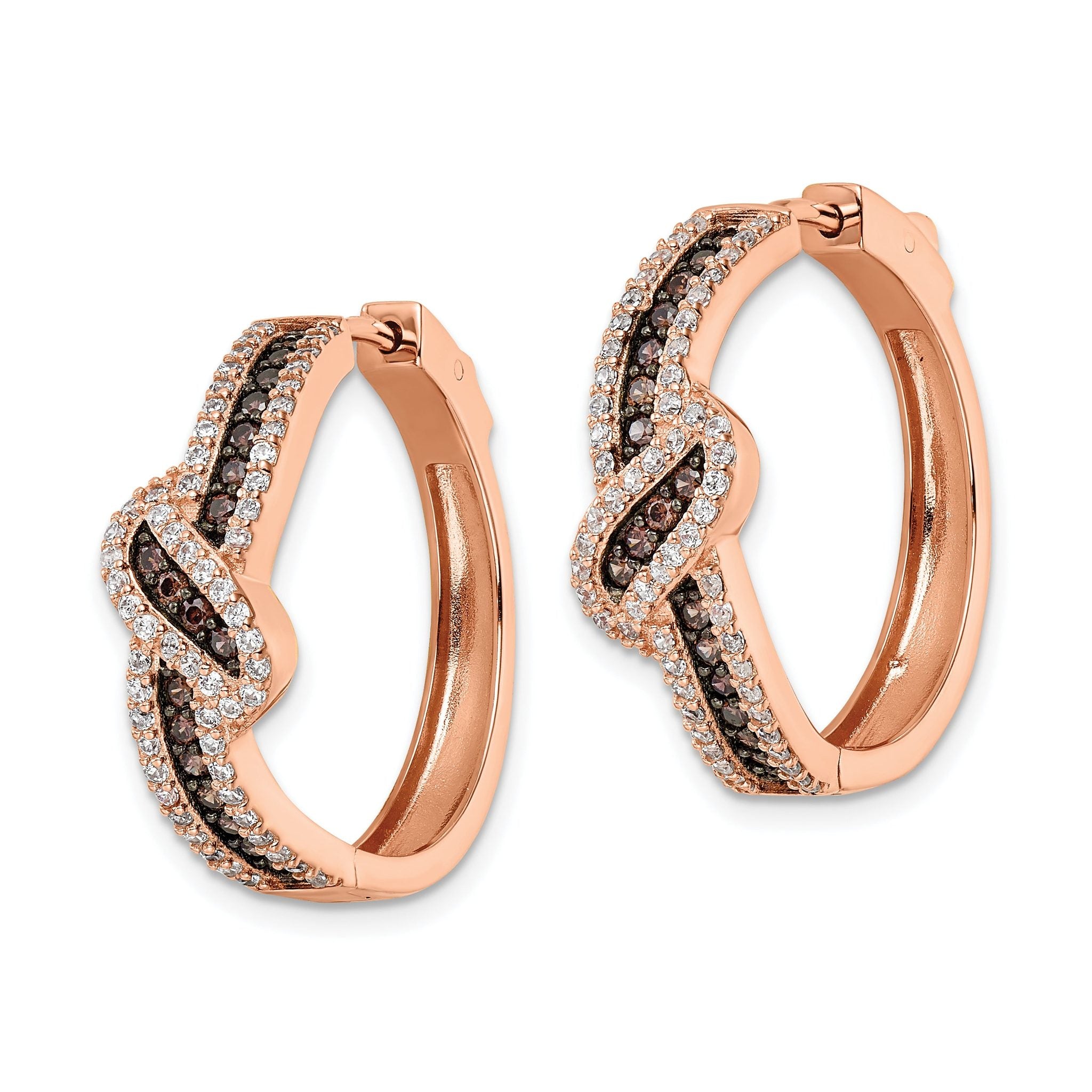 Sterling Silver Rose-tone Blk Rhodium-plate CZ Fancy Hinged Hoop Earrings Secondary image