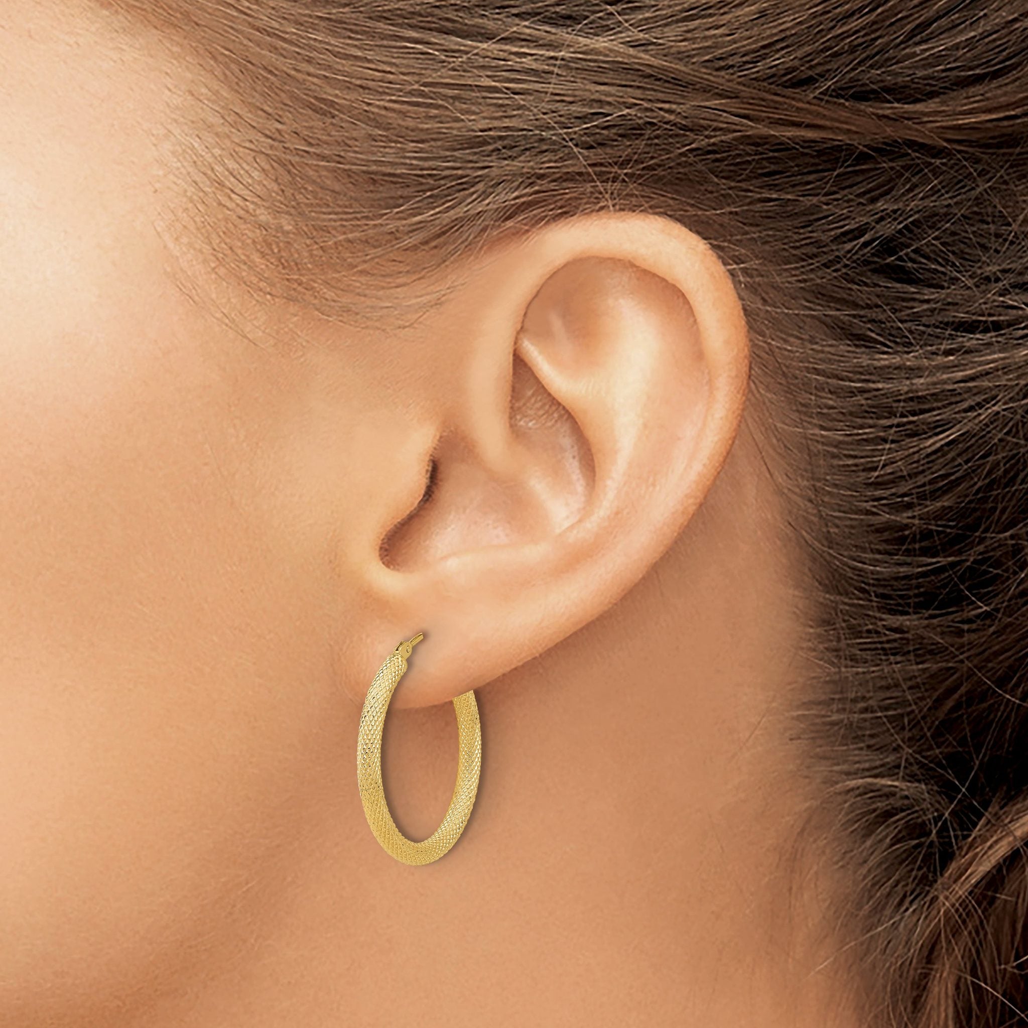 14K Polished and Textured Round Hoop Earrings