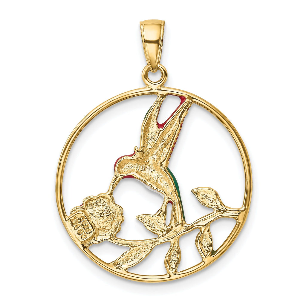 14K Gold Enameled Hummingbird and Flower Pendant with Polished Finish