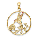 14K Gold Enameled Hummingbird and Flower Pendant with Polished Finish