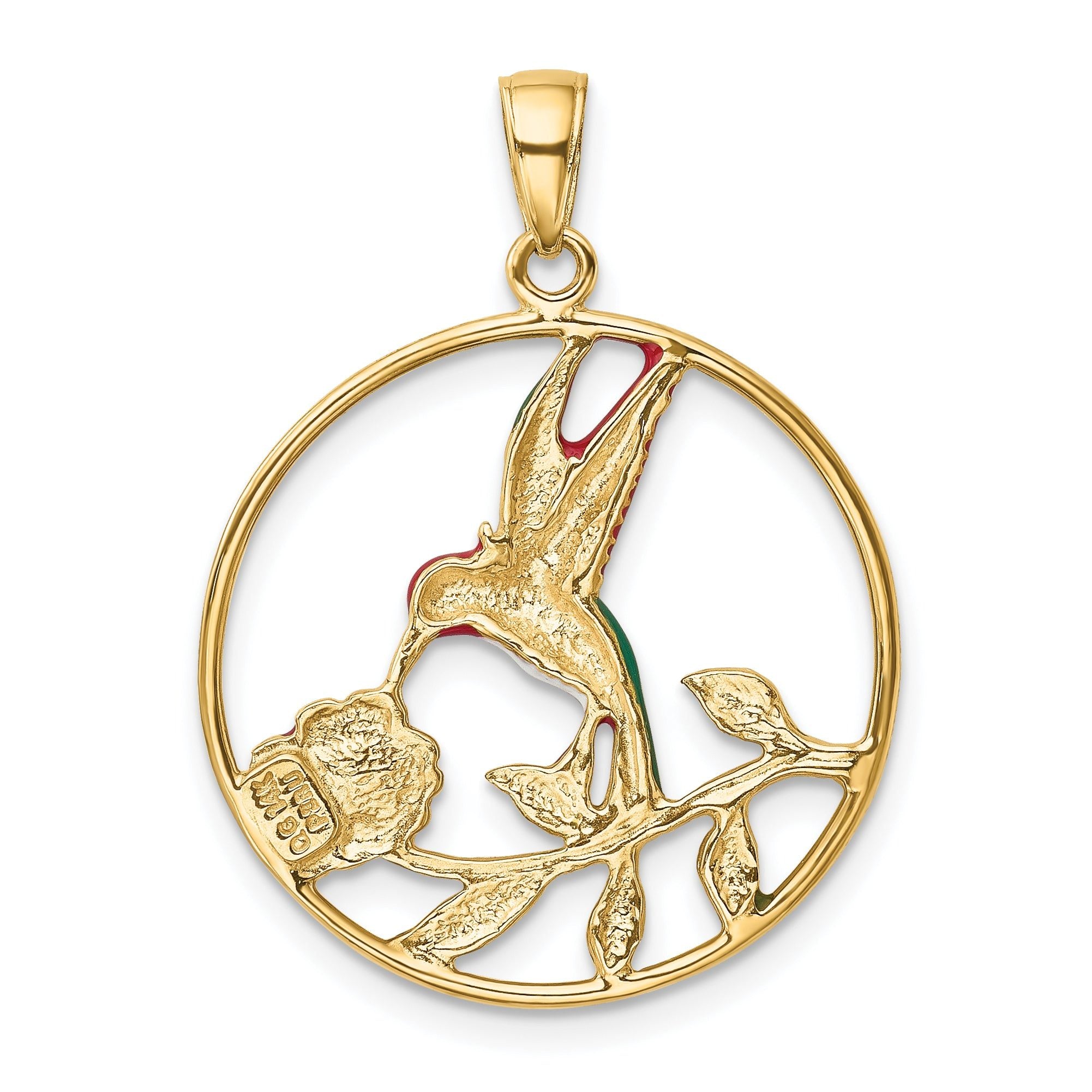 14K Gold Enameled Hummingbird and Flower Pendant with Polished Finish