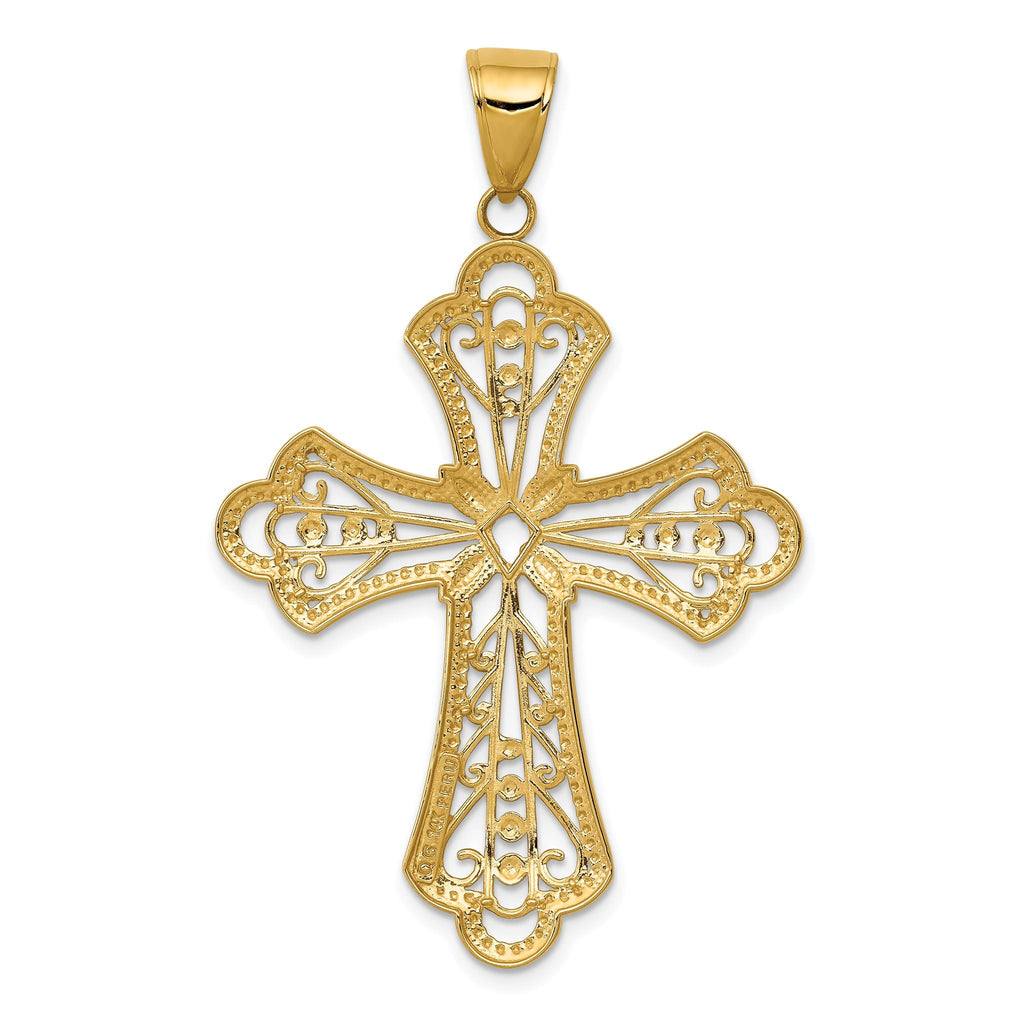 14K Gold with Rhodium Filigree Cross Pendant, Diamond-Cut, Elegant Design