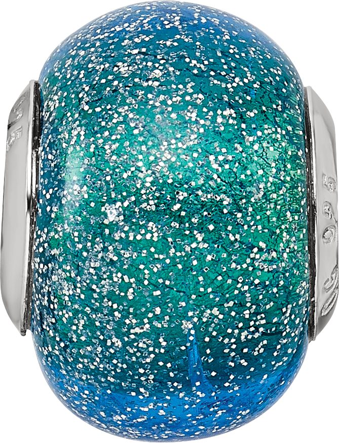 Sterling Silver 925 Glass Bead with Blue & Teal Glitter Sophisticated Polished Finish