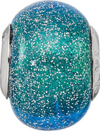 Sterling Silver 925 Glass Bead with Blue & Teal Glitter Sophisticated Polished Finish