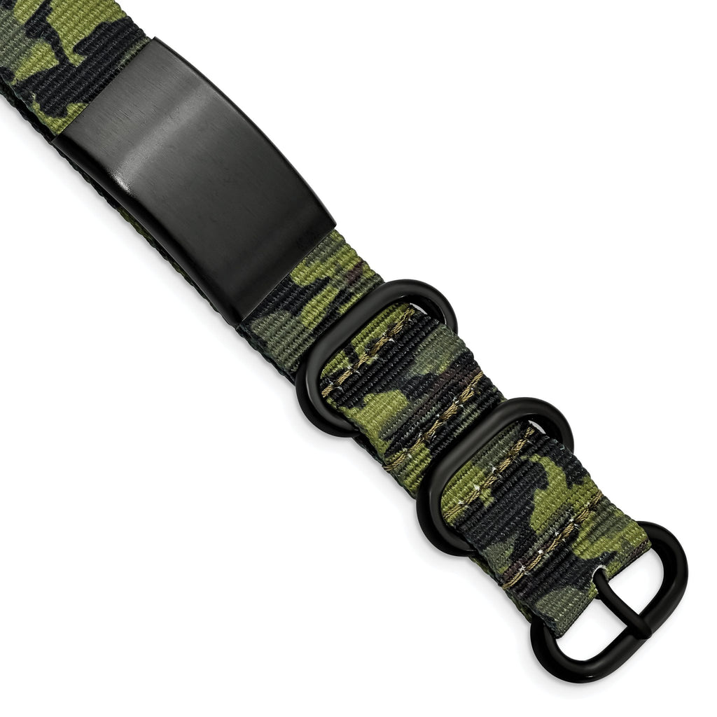 Stainless Steel Brushed Blk IP Green Camo Fabric Adjustable ID Bracelet for Men