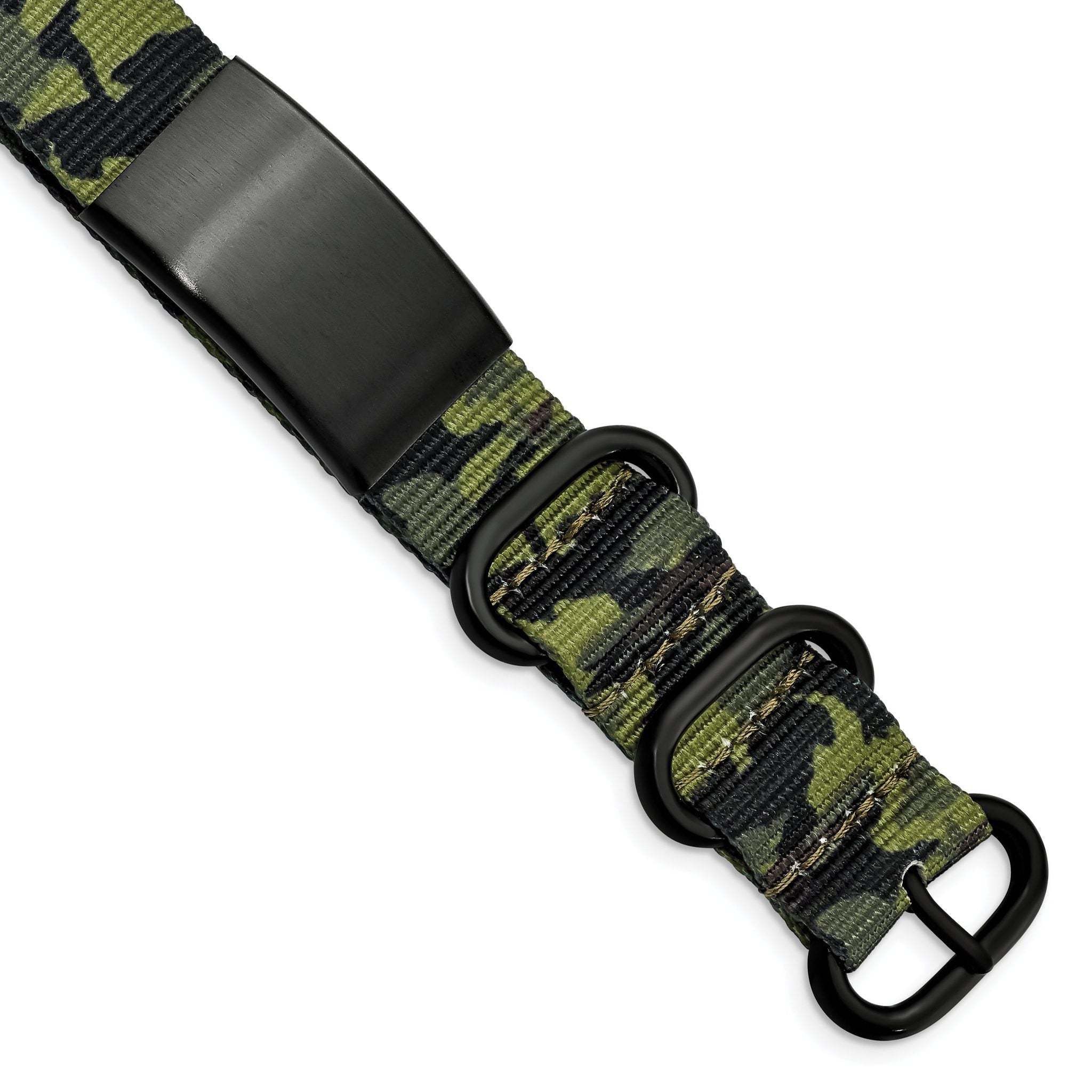 Stainless Steel Brushed Blk IP Green Camo Fabric Adjustable ID Bracelet for Men