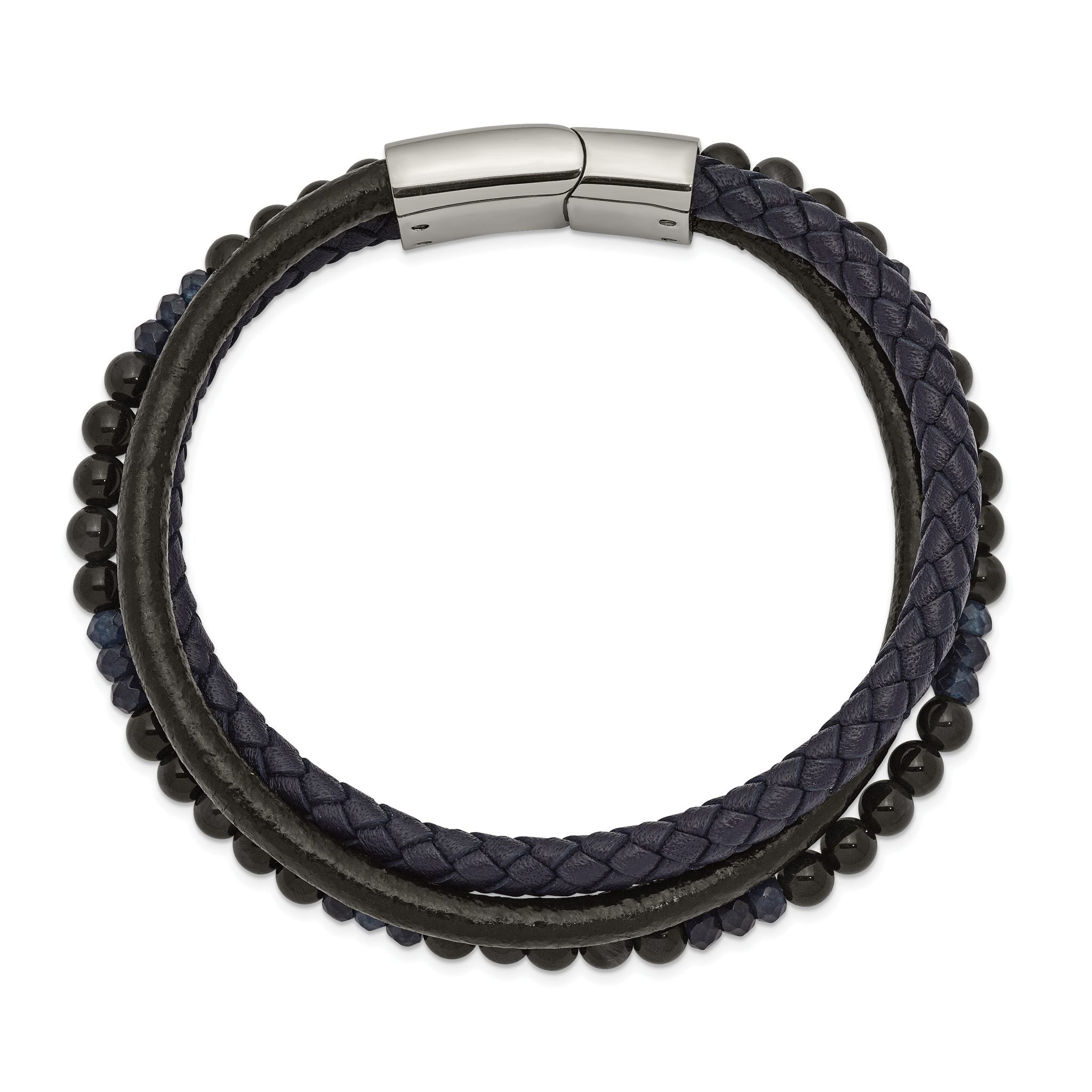 Stainless Steel Polished Multi Strand Blue Chalcedony and Tiger's Eye Beaded Black and Blue Leather Bracelet for Men Secondary image