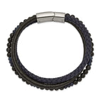 Stainless Steel Polished Multi Strand Blue Chalcedony and Tiger's Eye Beaded Black and Blue Leather Bracelet for Men
