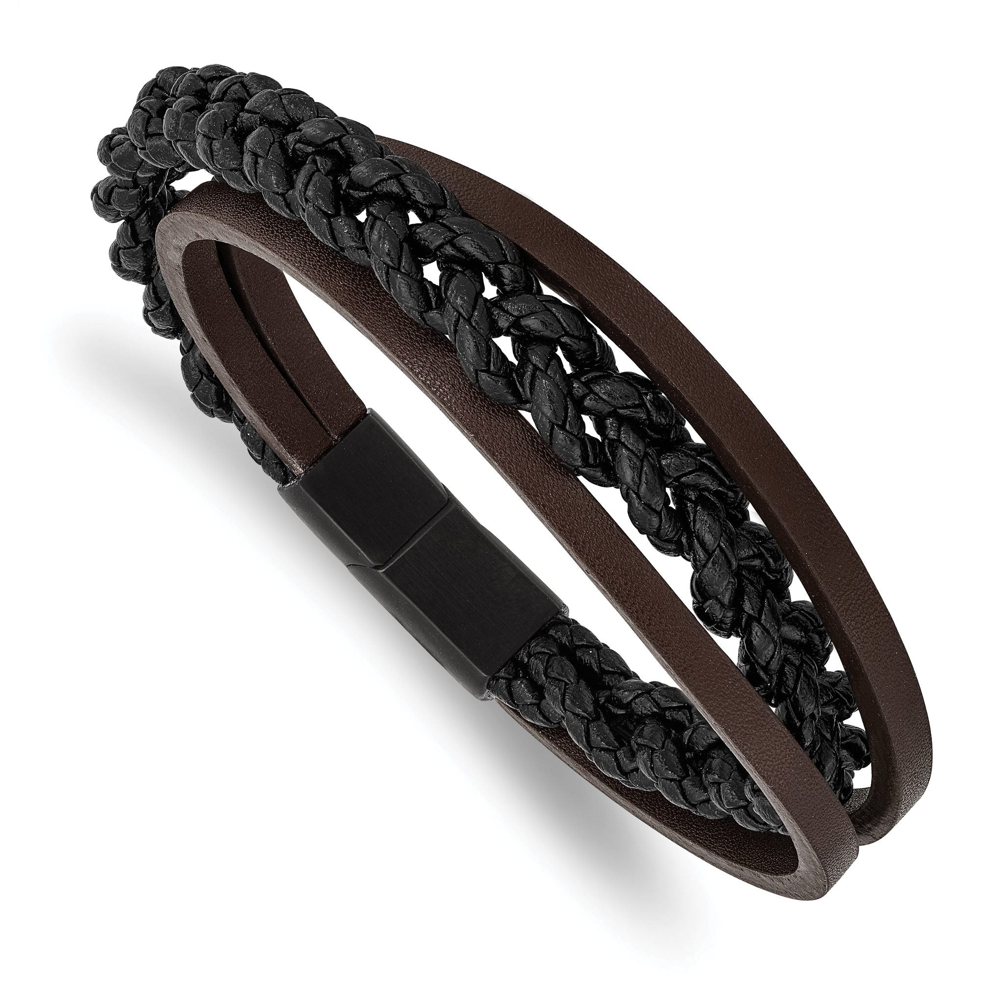 Stainless Steel Brushed Black IP-plated Multi Strand Black and Brown Leather Bracelet