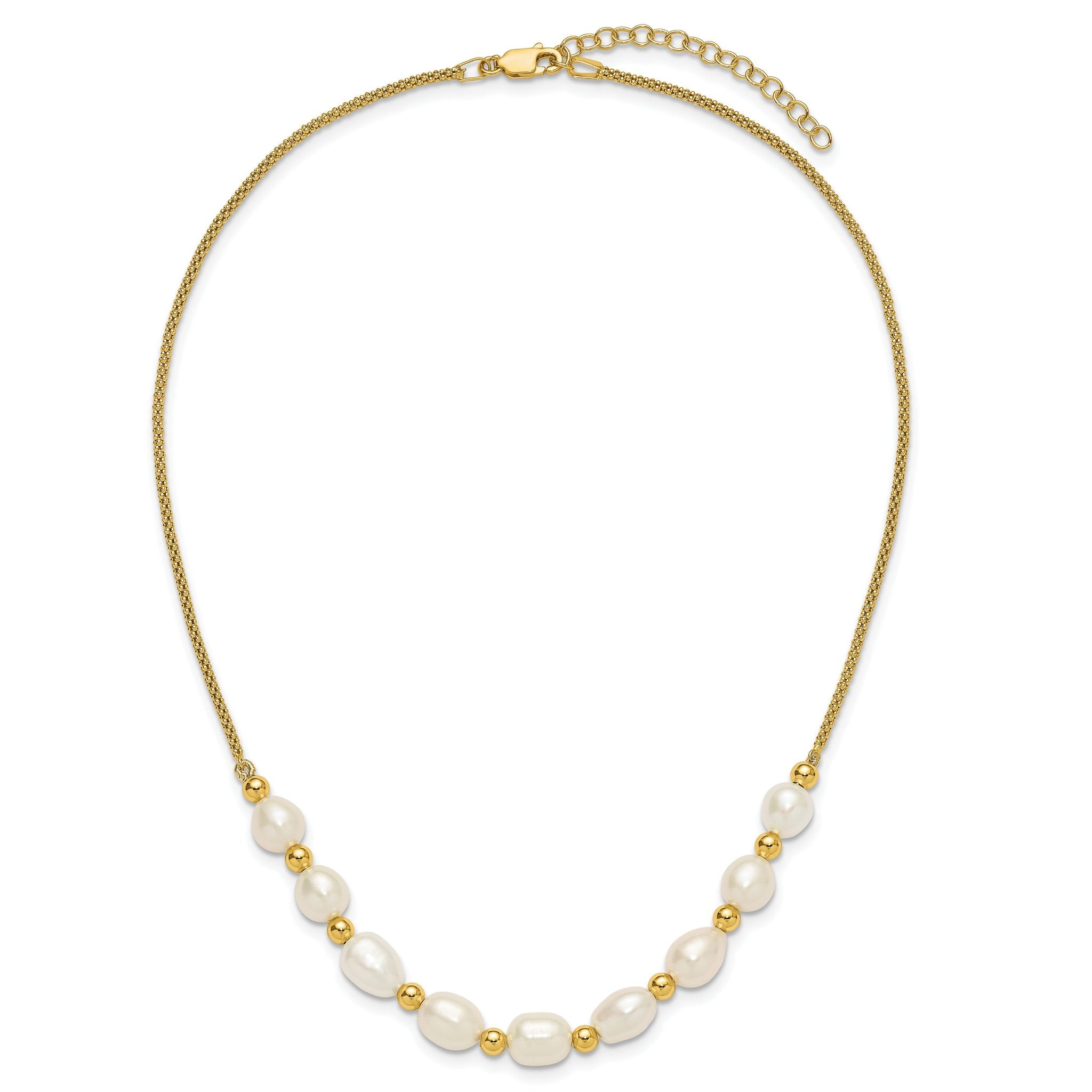 Sterling Silver Gold-tone Polished and Beaded 7-8mm Freshwater Cultured Rice Pearl 16 Inch with 2 Inch Extension Necklace
