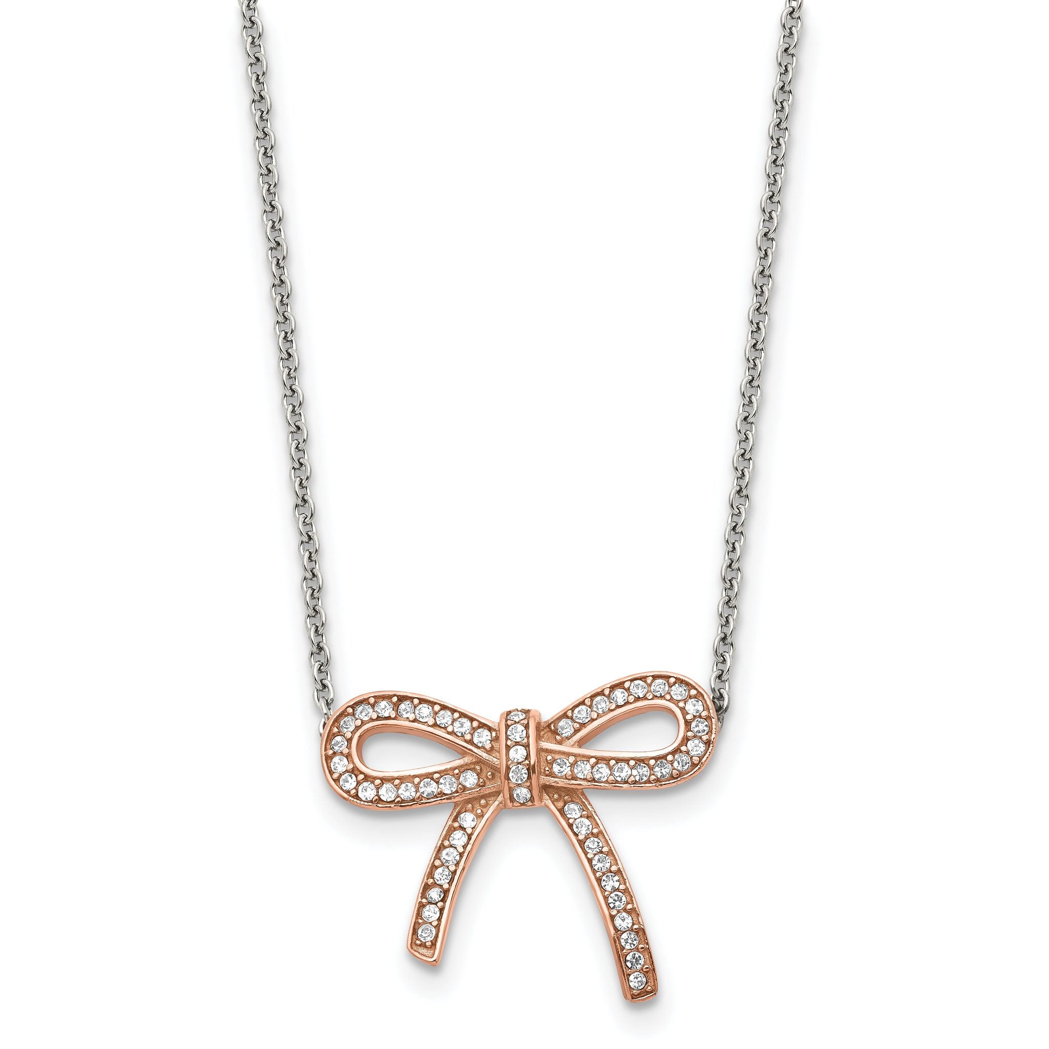 Stainless Steel Polished Rose IP-plated Crystal Bow w/1.75in ext Necklace Main image