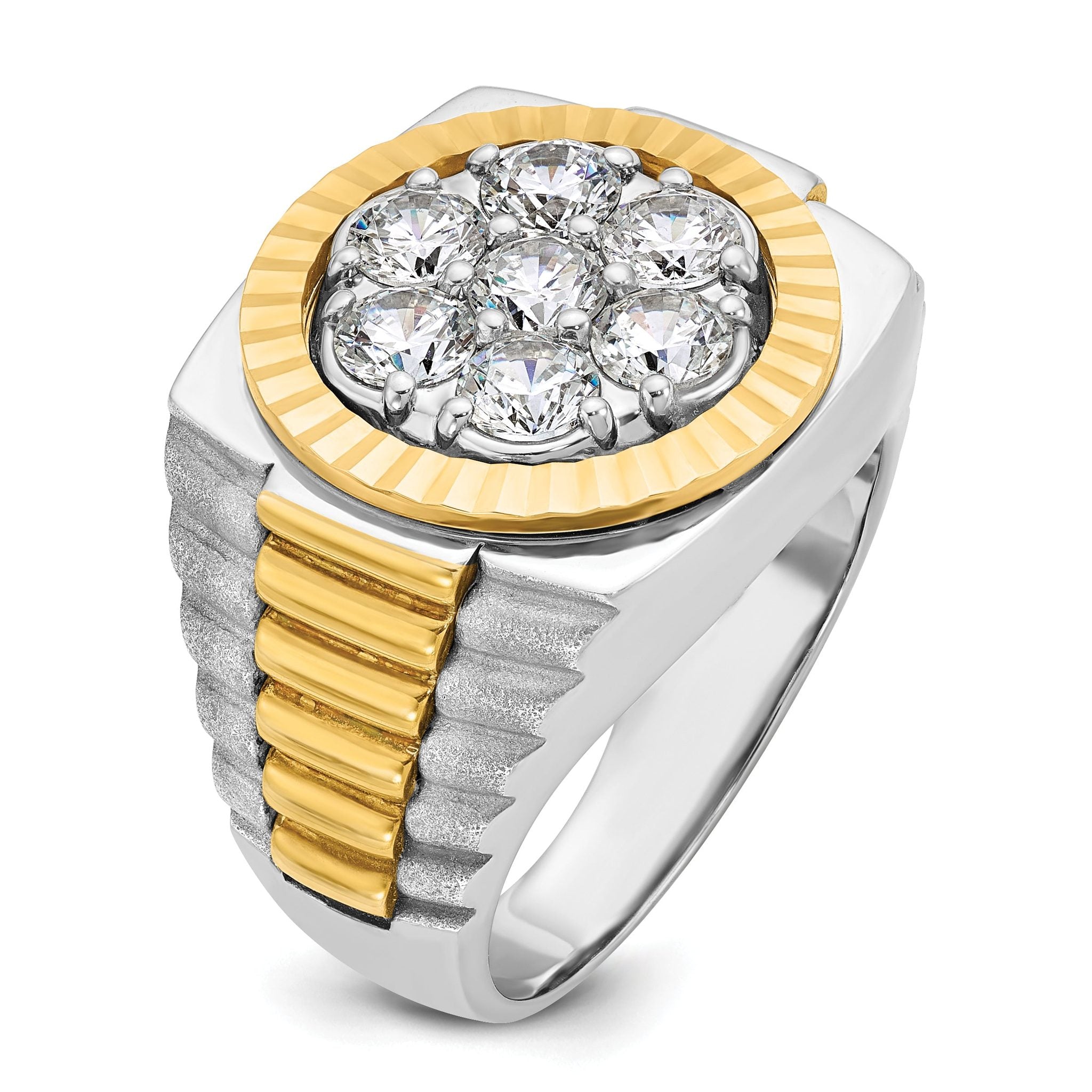 14k Two-tone Mens Polished Satin and Diamond-cut Round Cluster Ring Mounting, Mounting Only